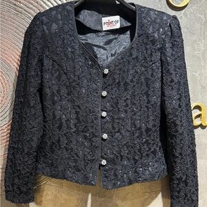 Black Lace Cropped Jacket Blazer Jeweled Buttons Size S NWOT